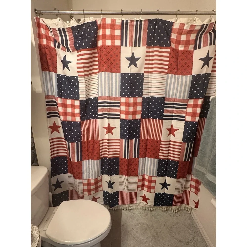 Celebrate Americana Together Patriotic Patchwork Shower Curtain Tieback New